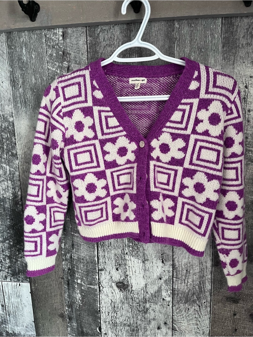 Monteau Purple and Cream Floral Jacquard V-Neck Cardigan